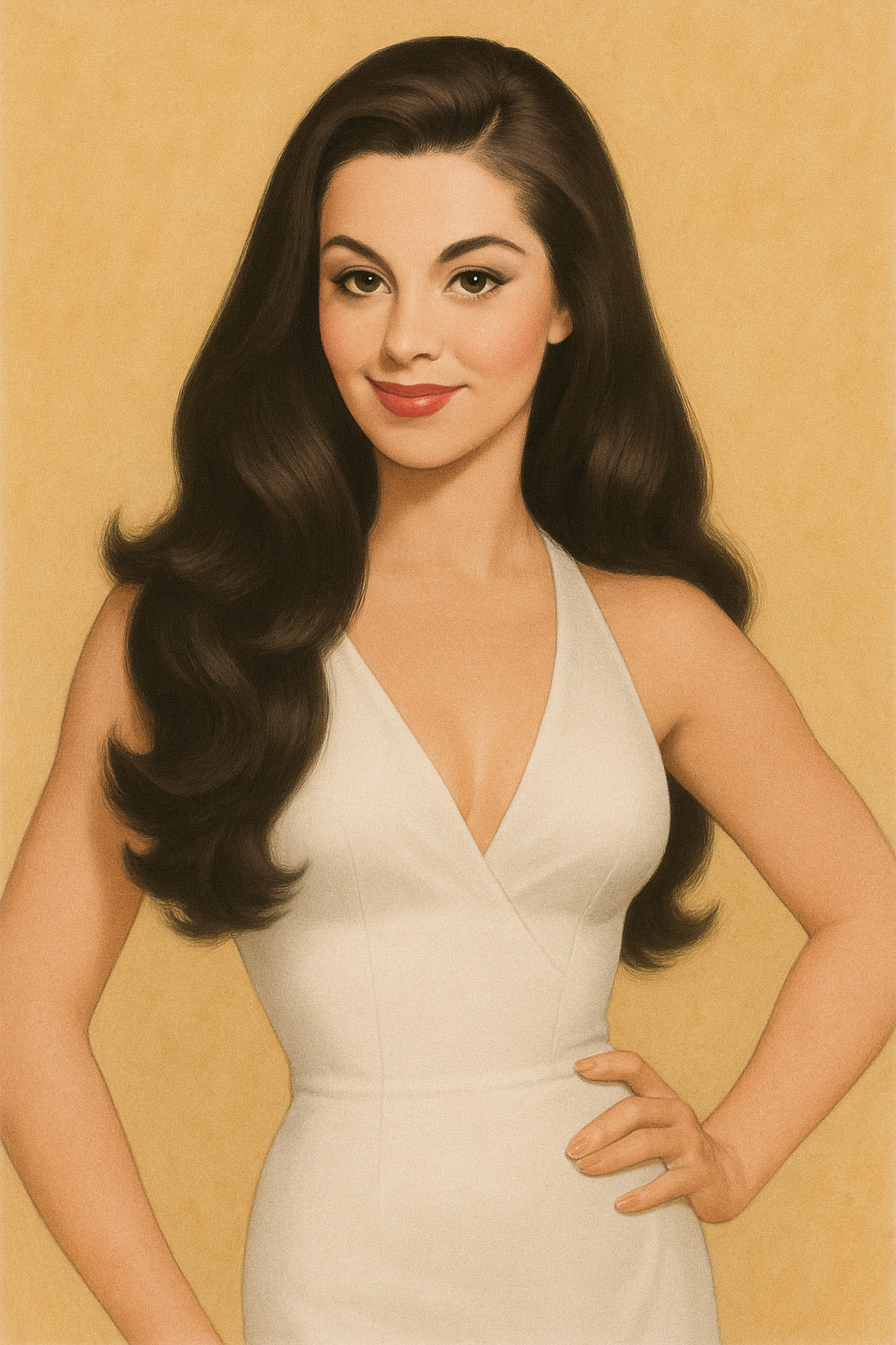 Illustration of a woman in a white dress wearing a Simone half wig