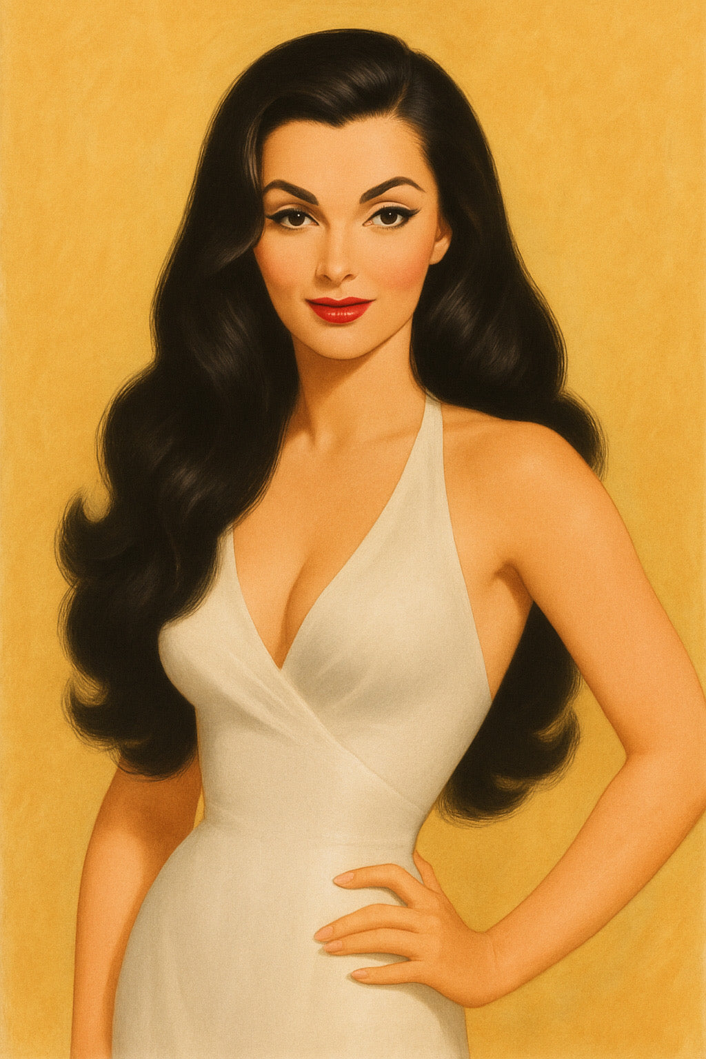 Illustration of a woman in a white dress wearing a Taya half wig