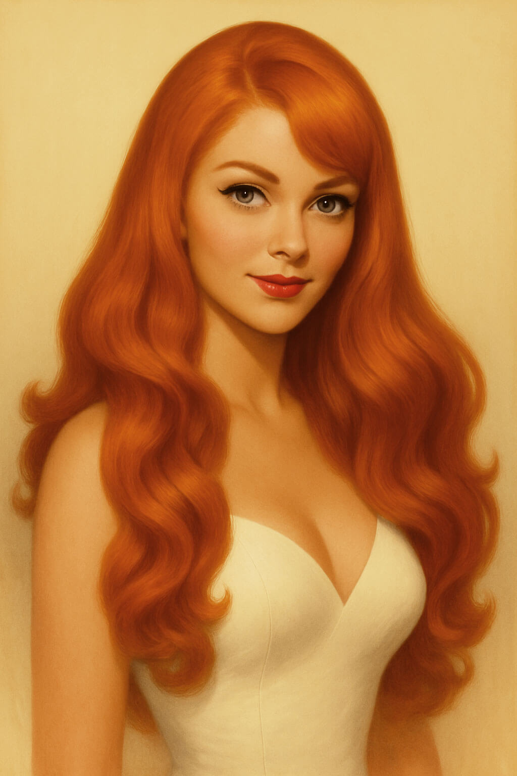 Portrait of a woman with long red hair on a beige background. Keegan half wig