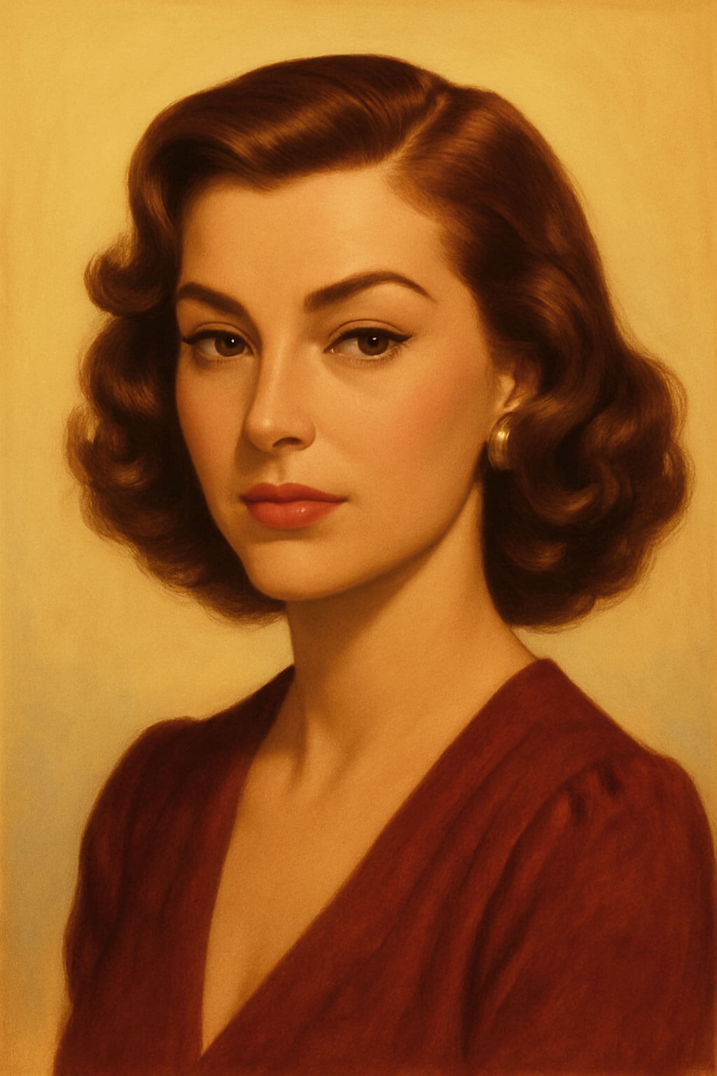Portrait of a woman with vintage hairstyle and attire against a beige background. Illustration of Tawney wig