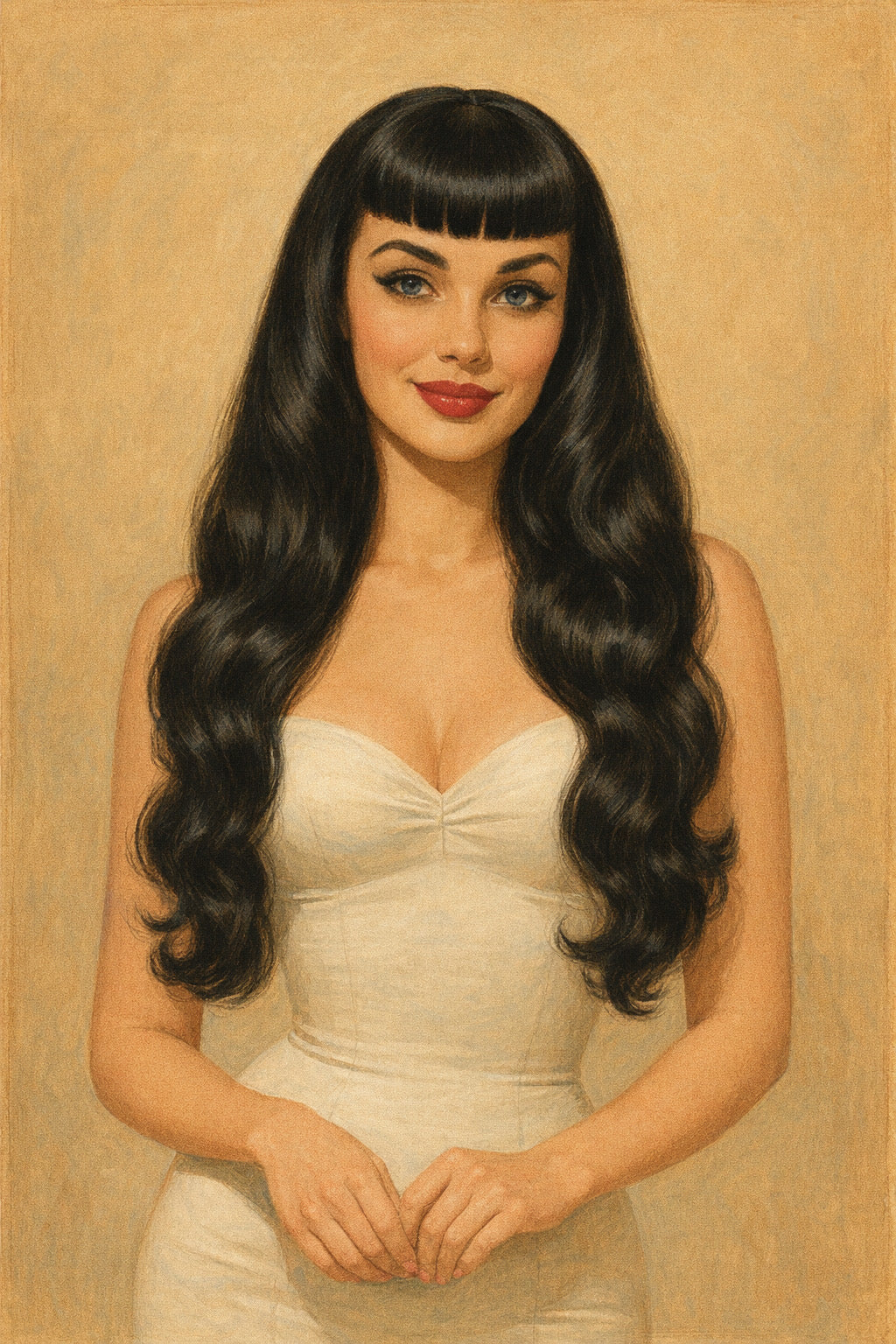 Illustration of a woman with long black Eloise wig and a white dress on a beige background