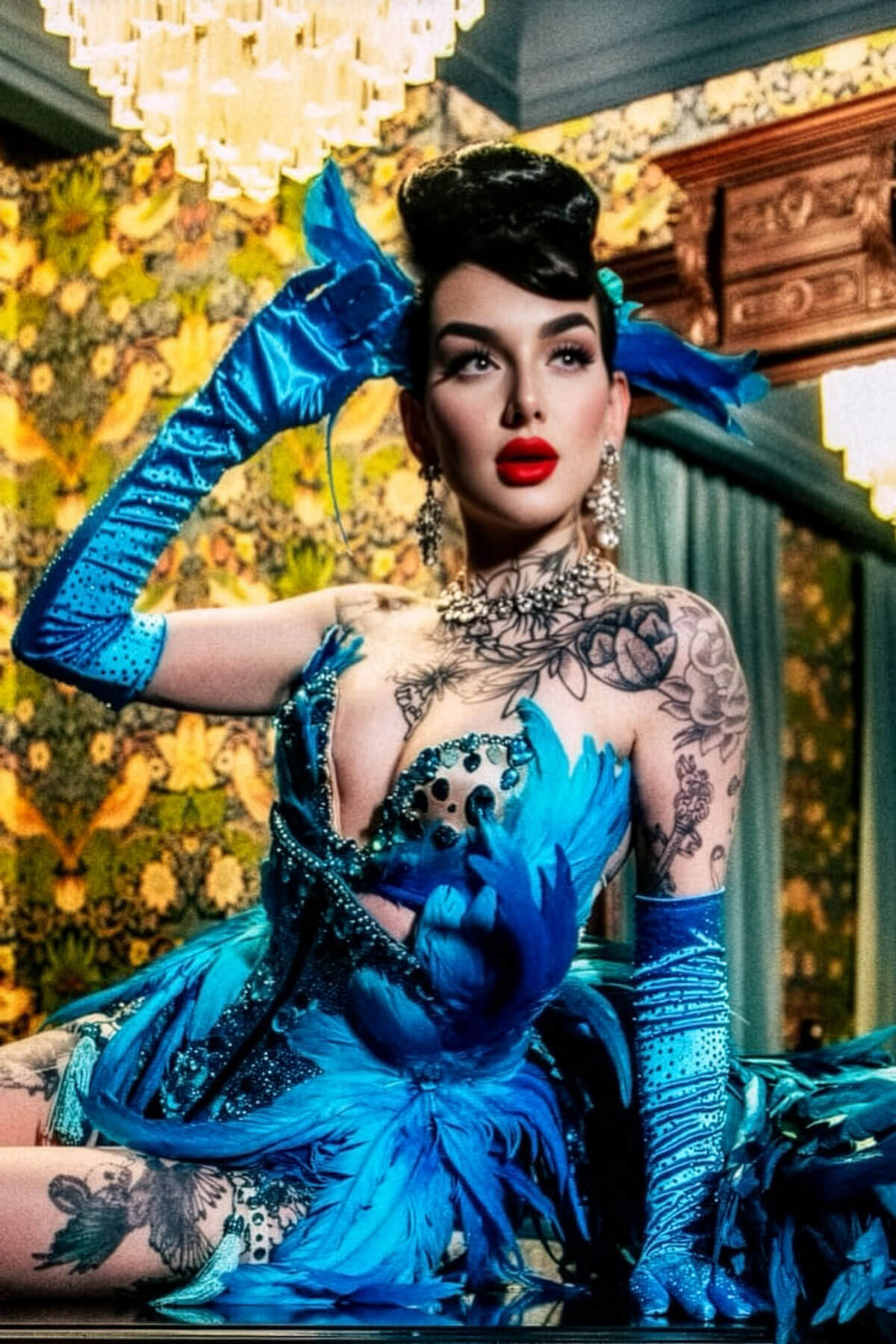 Woman in a blue dress with intricate designs and tattoos, posing in an elegant interior setting. Hair poodle clip-in hairpiece bun vintage style 1950s: Lucille black 1B