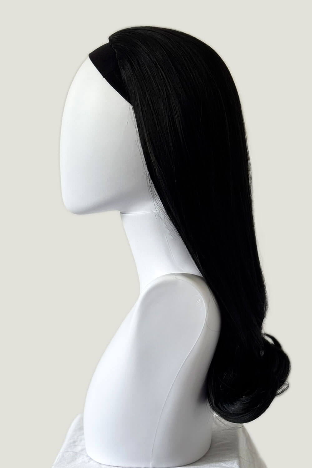 1960s Retro high crown, half wig hairpiece, long with hair flip: Priscilla black 1b