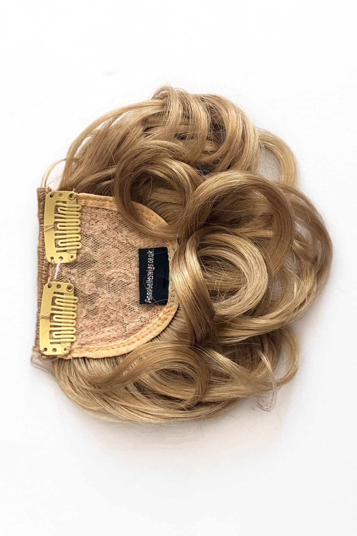 Blonde hairpiece with gold clips on a white background. Curly 1940s style clip-in fringe hairpiece/clip-in bangs: Bunny blonde 24