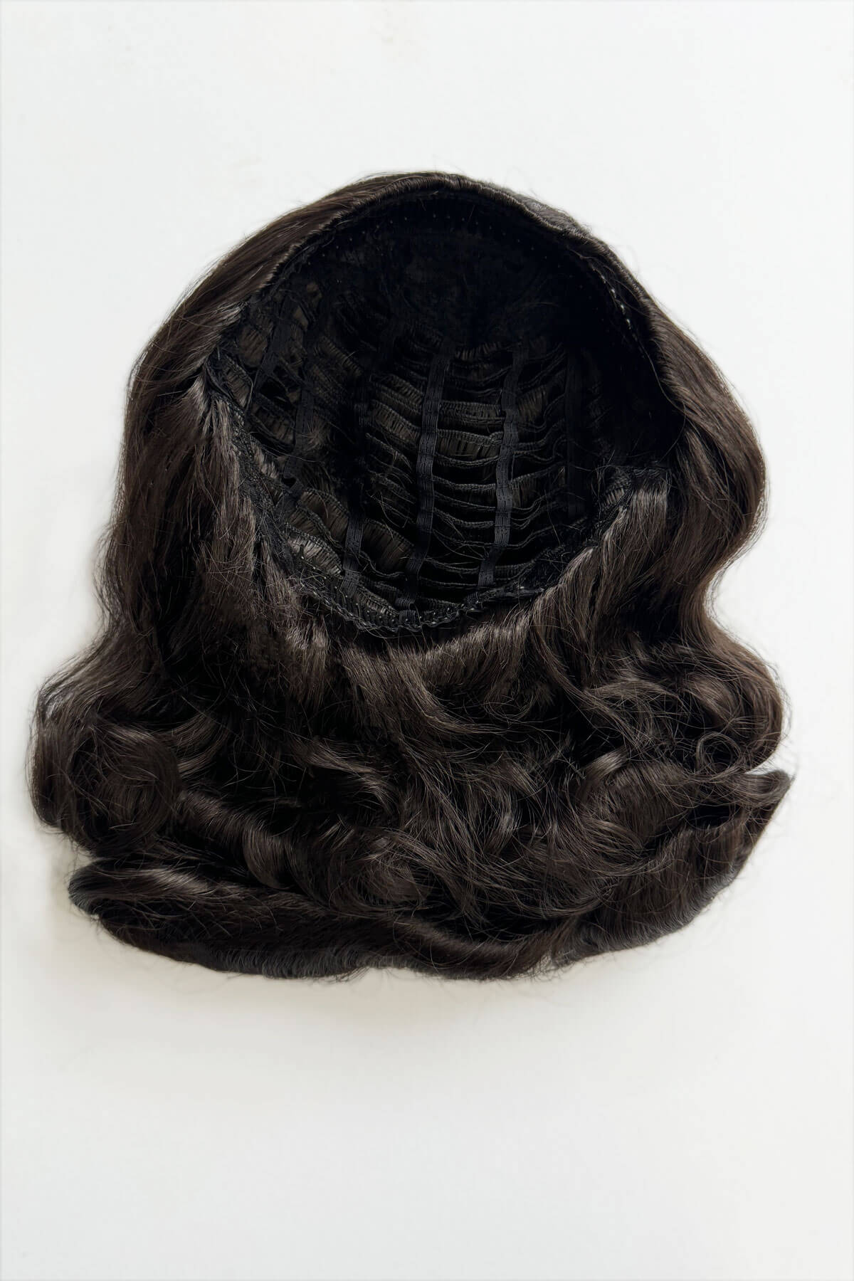 Black wig on a white background. 1950s style half wig hairpiece with deep finger waves: Deborah Dark brown 4