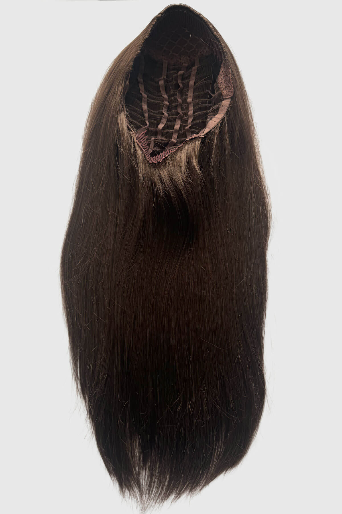 Brown hair extension on a white background.  Straight brown half wig hairpiece extension, long: Faye chestnut brown 8