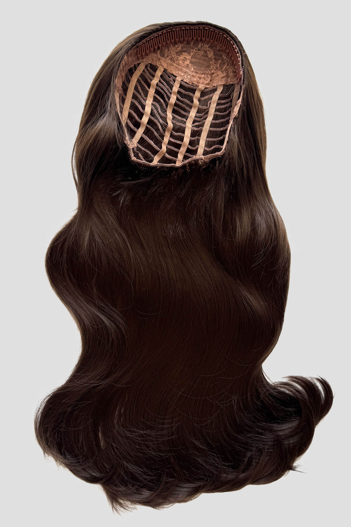 Brown hair extension on a white background. Kate - Heat Styleable Extra Long, Gentle Wave Half Wig  Chestnut brown 8