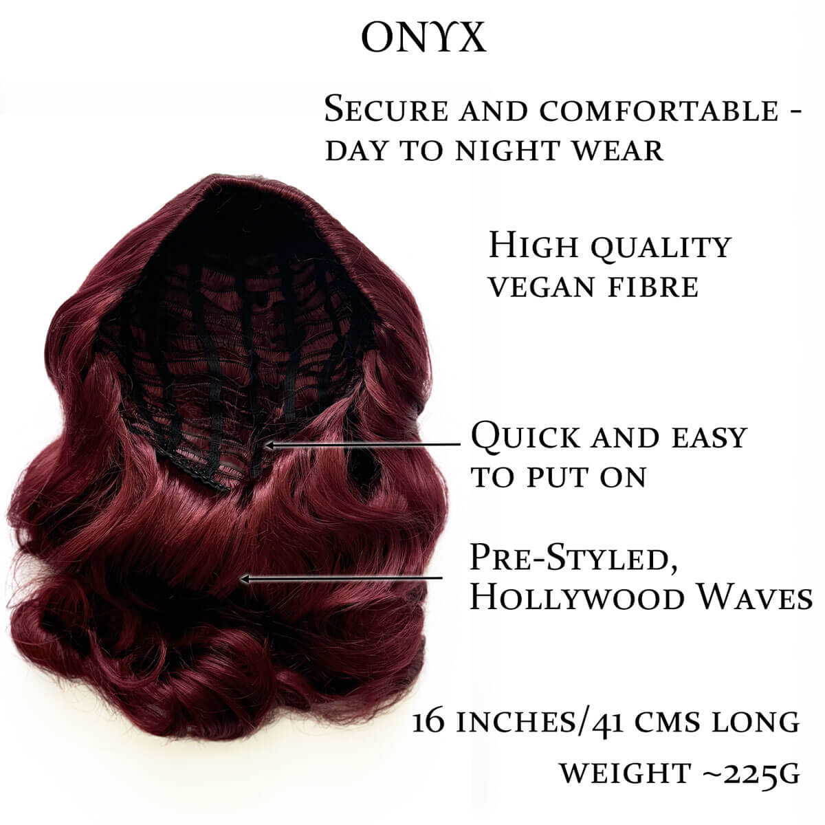 Red wig with text highlighting features on a white background. 1950s style shoulder length half wig hairpiece with beautiful vintage waves: Onyx cherry red 39 