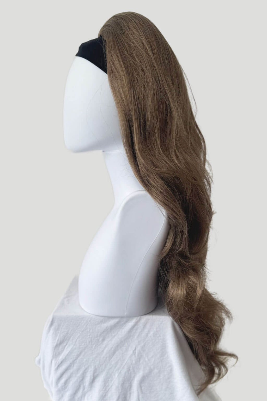 High crown long, wavy half wig and volume ring: Bardot brown 10-16-27
