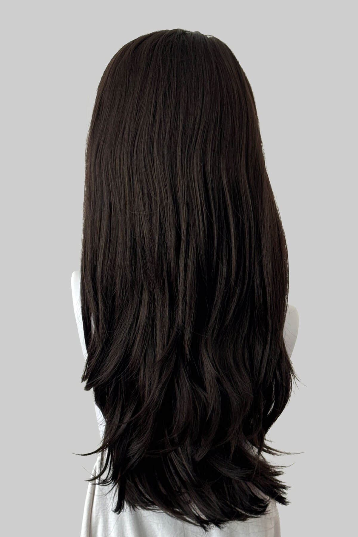 A long dark brown half wig, displayed on a white mannequin against a light grey background. Claudia - Volume Boosting Long Gentle Bouncy Layered Half wig dark brown 4