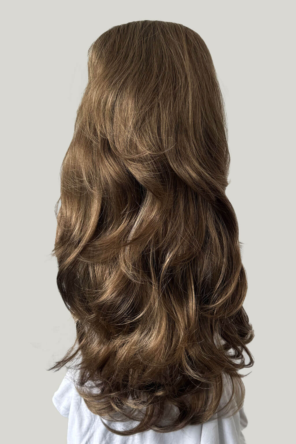 Brown hair extension on a plain background - High crown long, layered half wig and volume ring: Helena mocha brown and blonde 10/16
