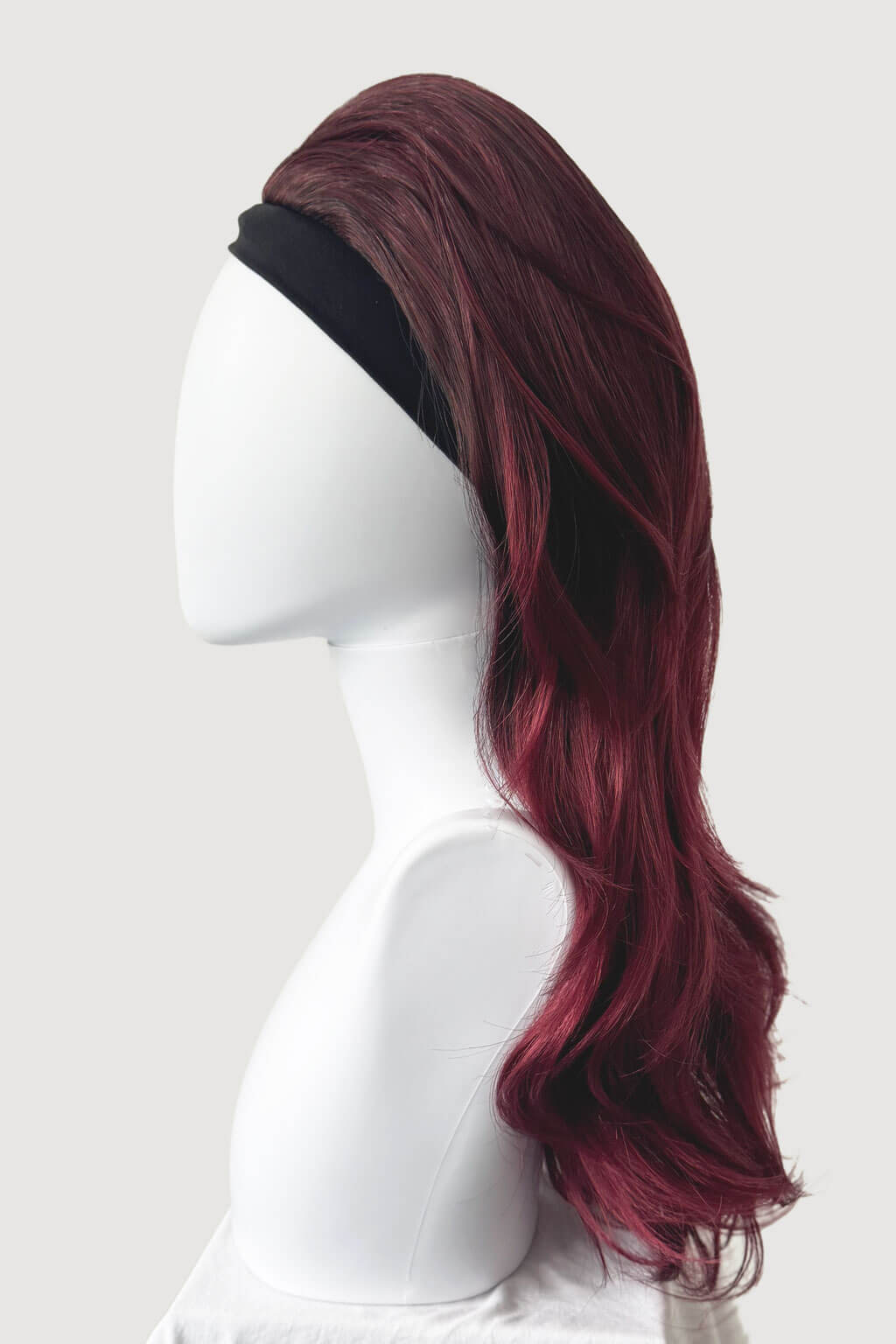 Mannequin head with burgundy wig on a white background - High crown long, layered half wig and volume ring: Helena 1BT39 Black and red