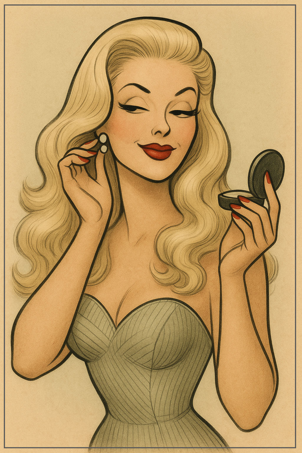 Illustration of a woman applying makeup with a compact mirror on a beige background.Suki  half-wig illustration