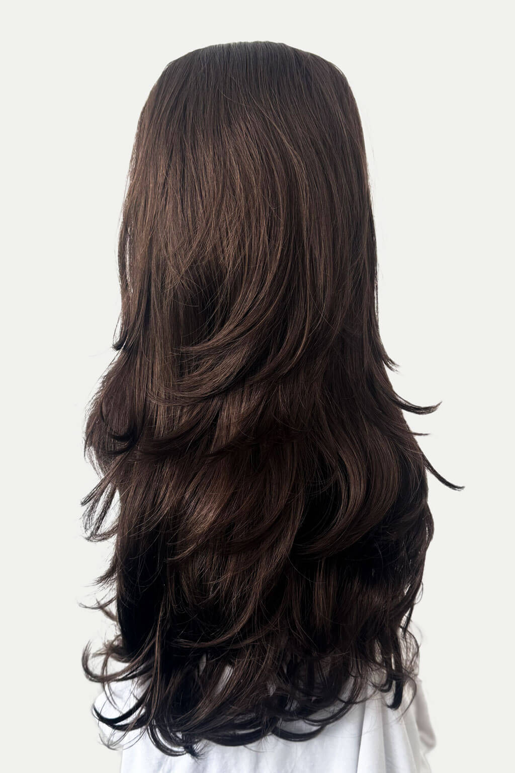 Long, dark brown wig on a white background - High crown long, layered half wig and volume ring: Helena chestnut brown 8
