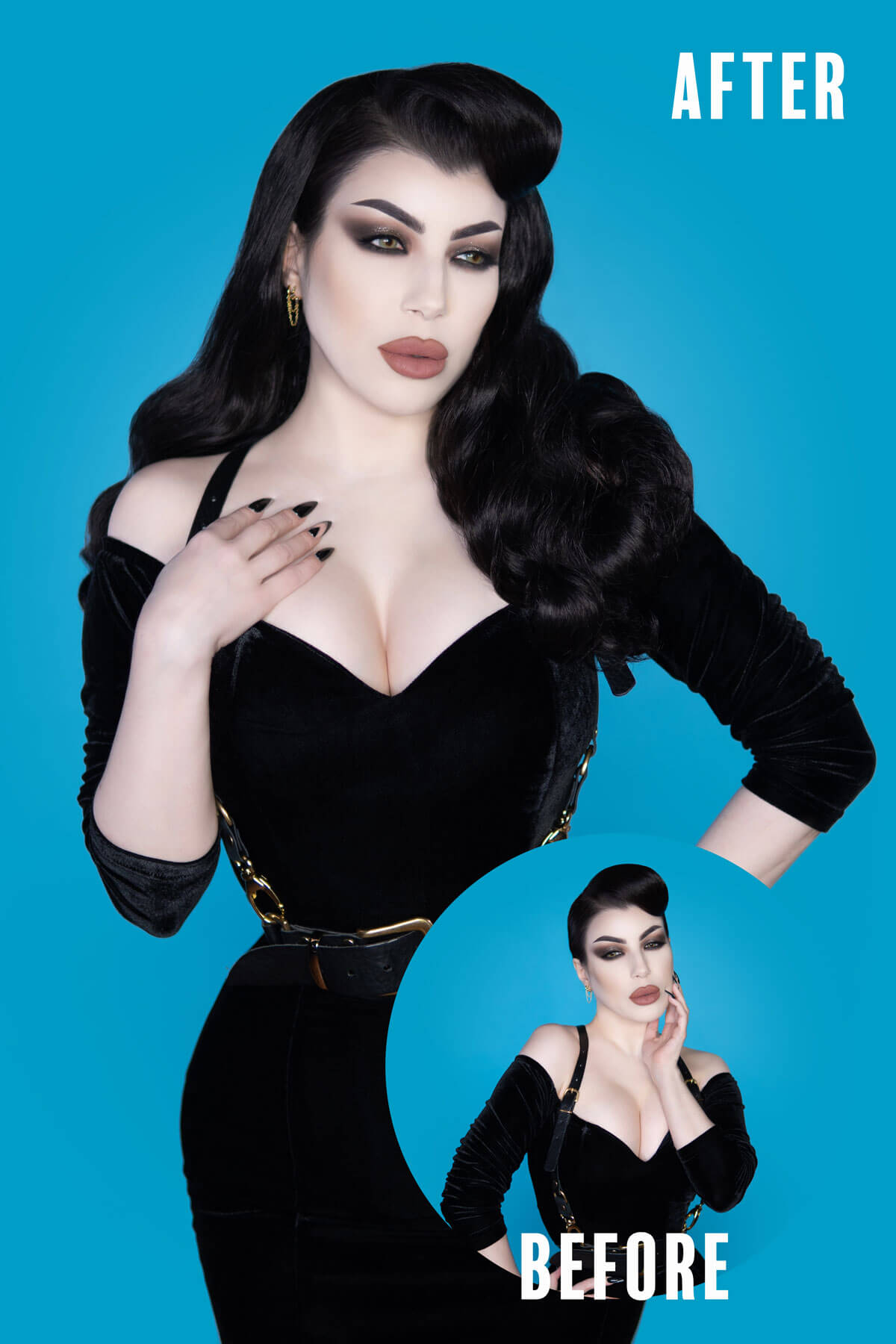 Before and after comparison of a woman in a black outfit against a blue background. 1950s style half wig hairpiece with beautiful waves: Morgana black 1b