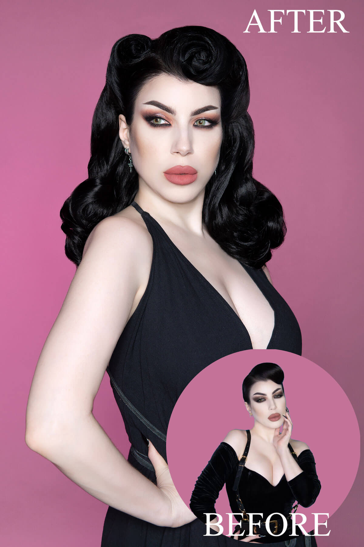 Woman in a black dress with makeup, 'After' on pink background, 'Before' inset. 1950s style shoulder length half wig hairpiece with beautiful vintage waves: Onyx cherry red 39