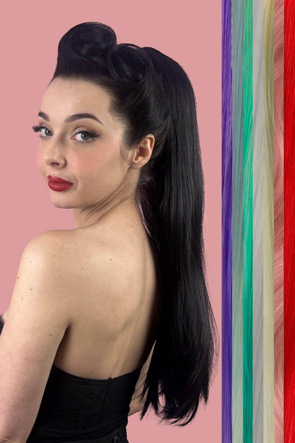 Woman with a ponytail next to colorful hair extensions on a pink background. Long straight ponytail with coloured streak: Ayla black hairpiece