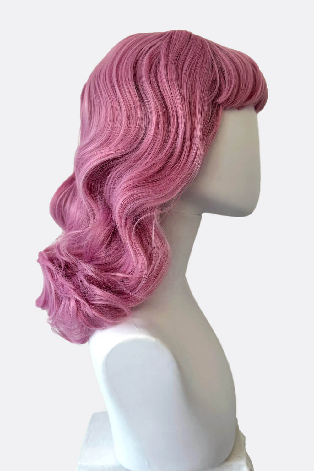 Pink pinup style wig, with finger waves and a short fringe, 1950s style: Stevie 2614J
