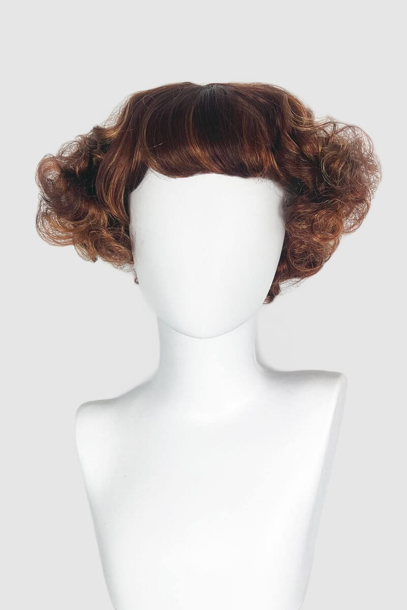 A short red, auburn and blonde mix vintage style wig with waves: Solana Auburn BO