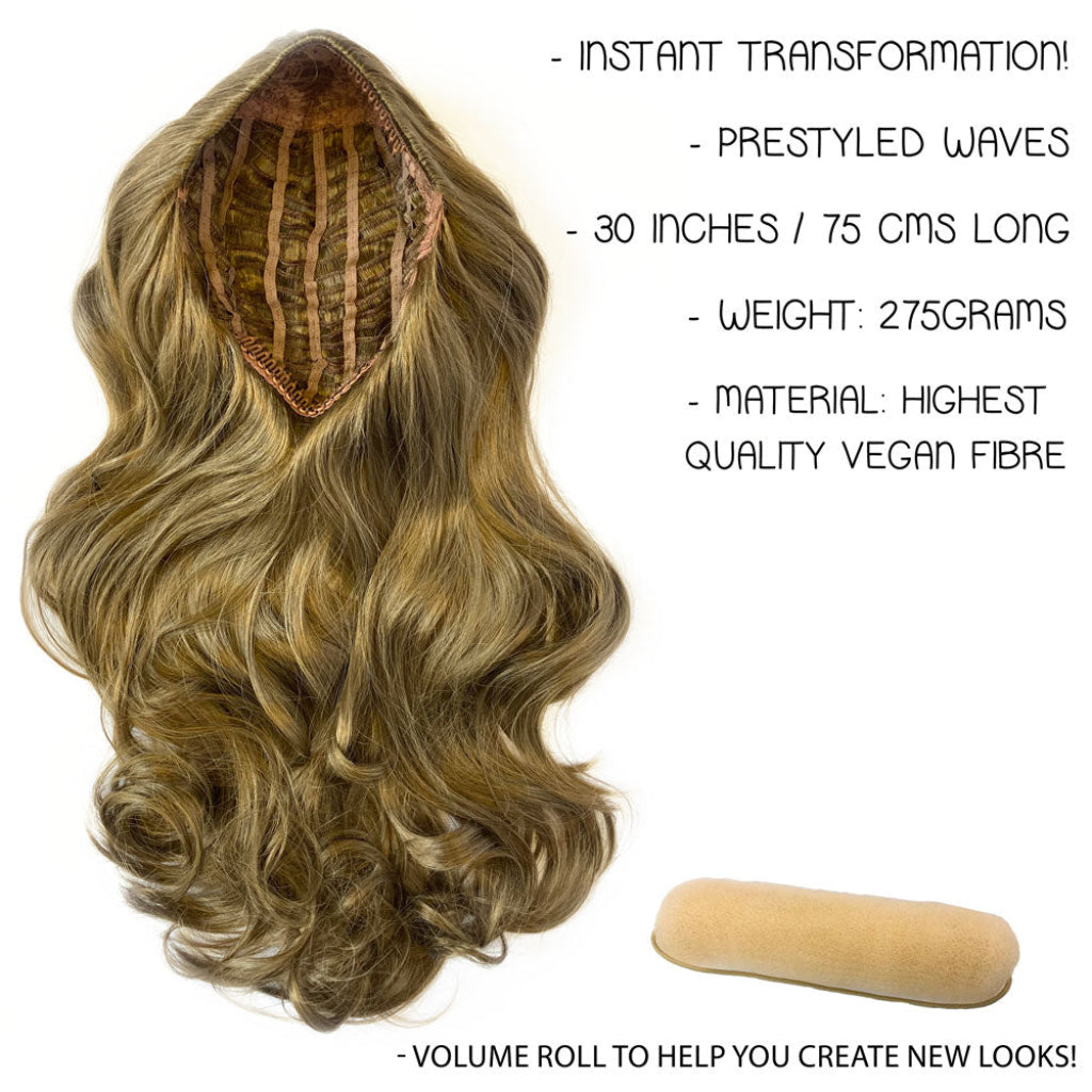 High crown long, wavy half wig and volume ring: Bardot brown blonde mix 27H613