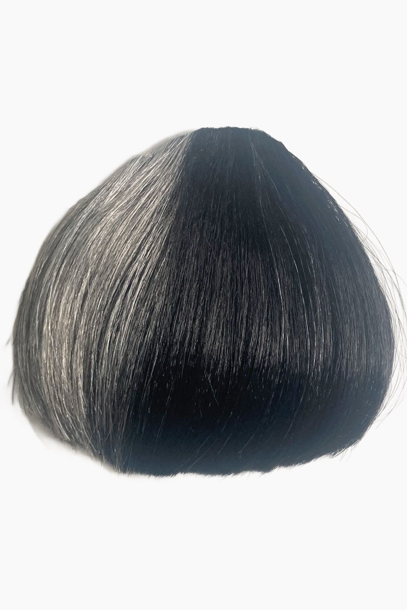 Black hair color fringe hairpiece with grey streak on a white background