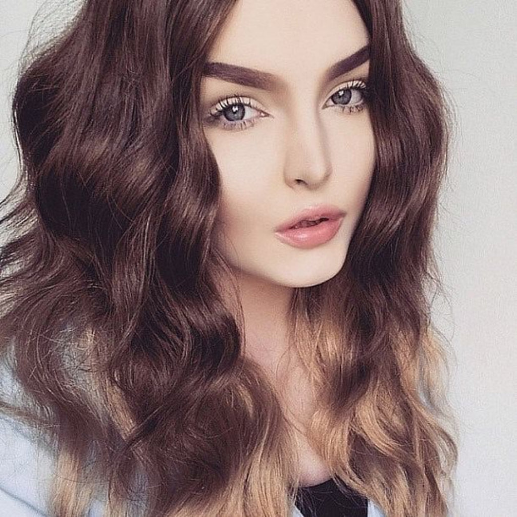 Dip dye chocolate brown and honey blonde wig long wavy wig with no fringe: Genevieve AnnabellesWigs