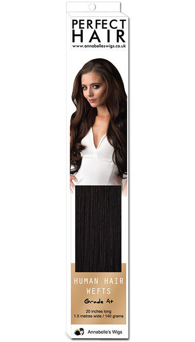 Packaging of human hair extensions showing a woman with long dark hair wearing the extensions, and the text 'HUMAN HAIR WEFTS Grade 4/6', along with the brand 'PERFECT HAIR'. Human hair weft (weave) hair extensions, 20 inches/51 cm long