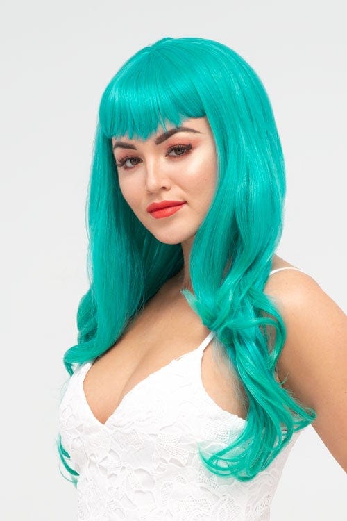 Long aqua green wavy wig-vintage-style straight fringe: Natalie freeshipping - AnnabellesWigs
