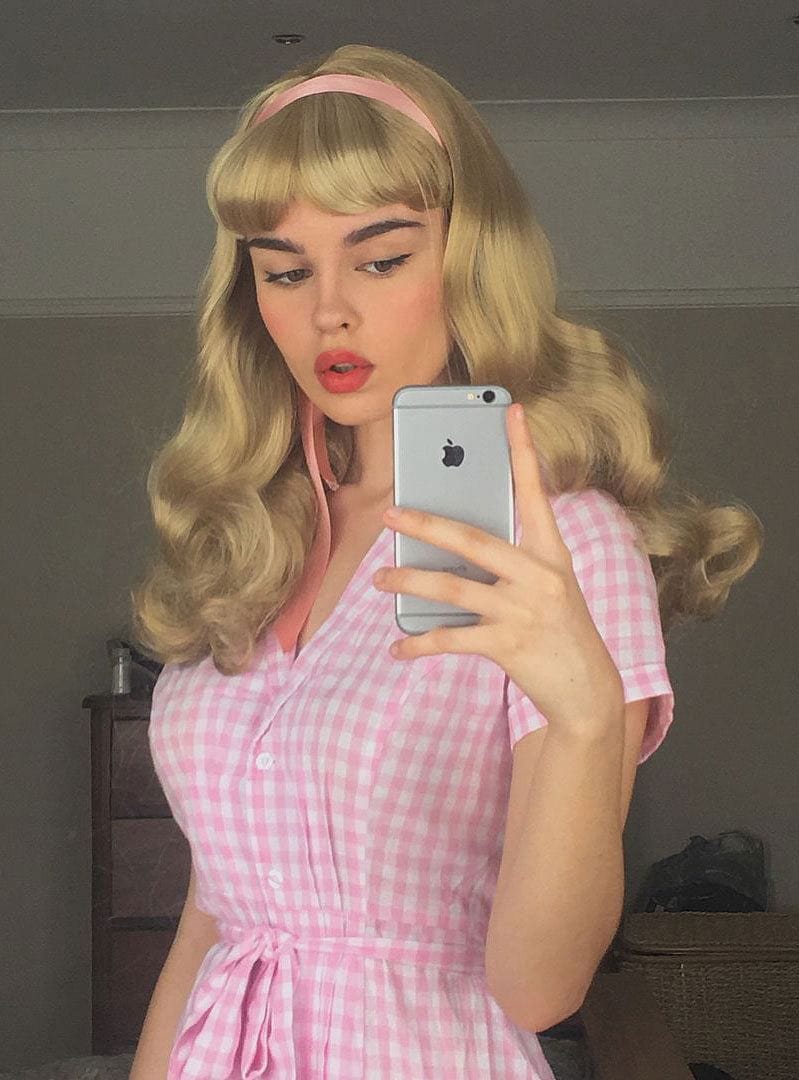 Long blonde 1950's style wig, gently wavy with short fringe: Emmeline AnnabellesWigs