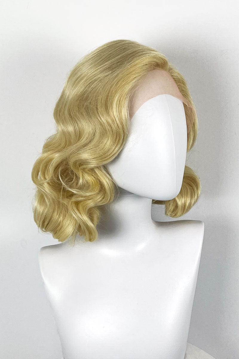 Blonde lacefront wig, pinup/vintage style, mid length with finger waves: Della